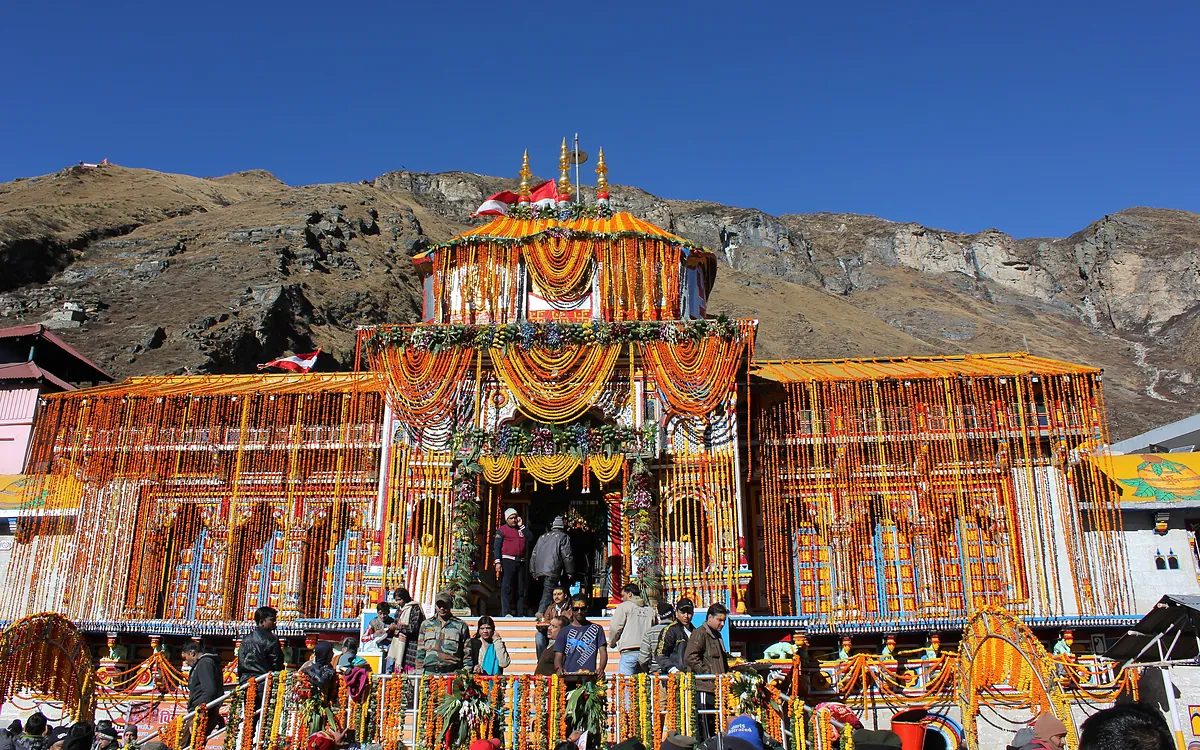 Badrinath temple decorated with marigolds