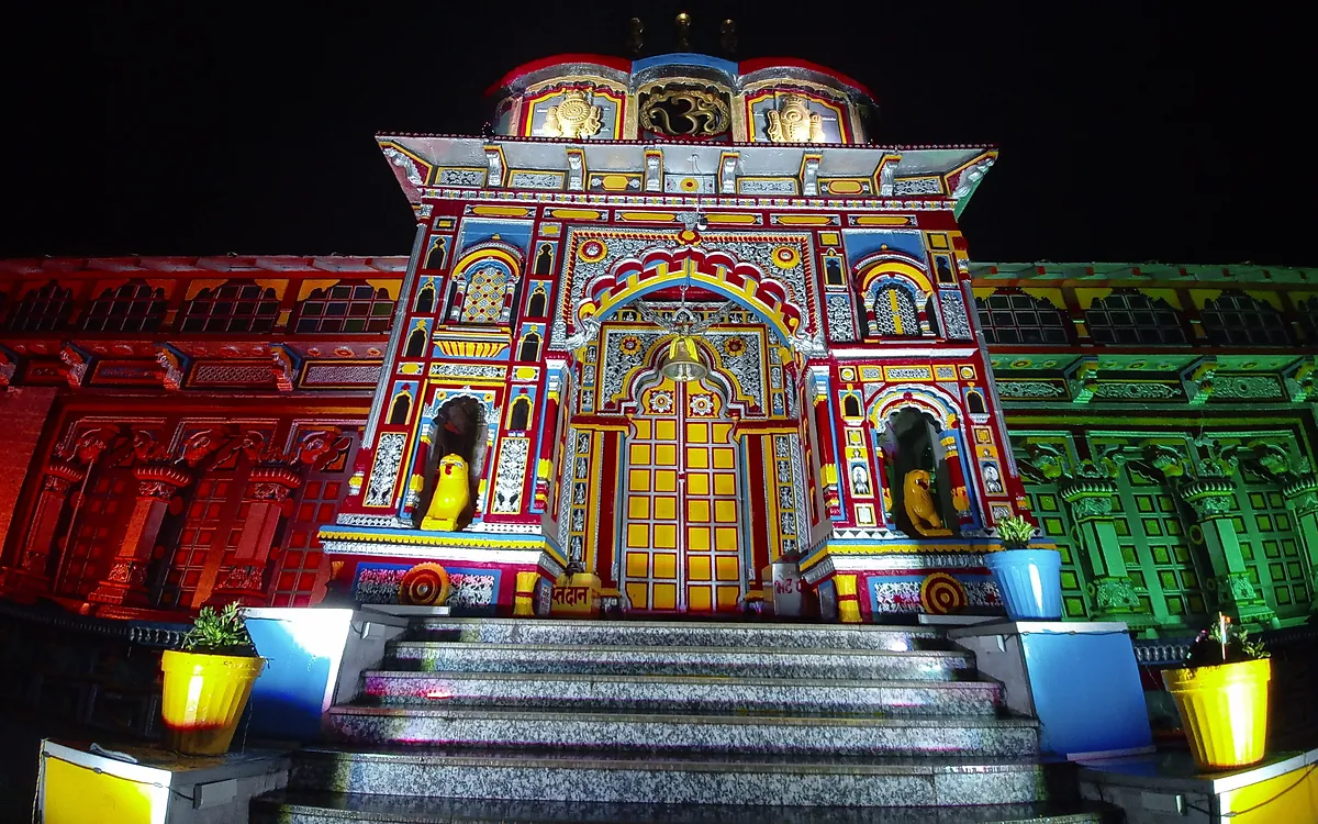 Badrinath temple illuminated at night